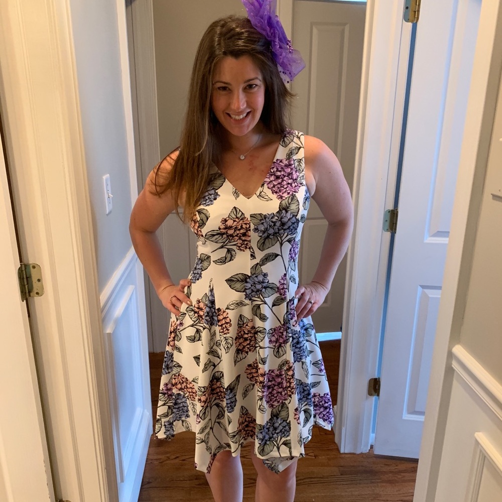 White and floral fit and flare dress with pockets